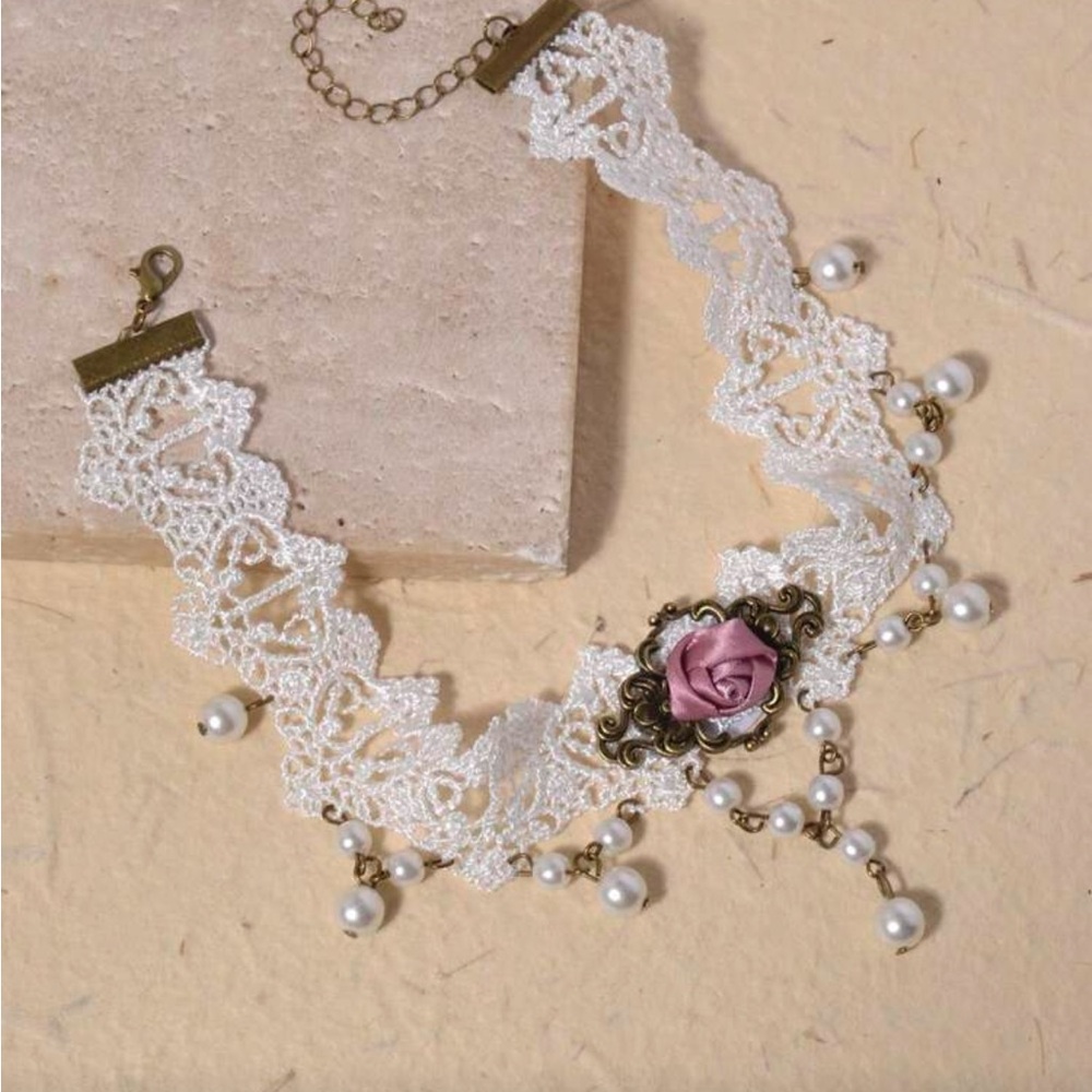 White Lace Choker with Pink Accent - Picture 2 of 3